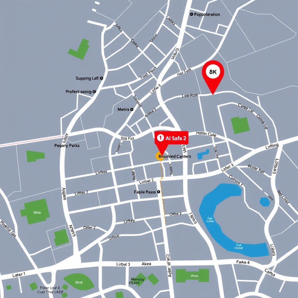 Map showing Dubai Family Pass office location in Al Safa 2, Dubai, UAE with nearby landmarks including parks, shopping centers, and major roads for easy navigation