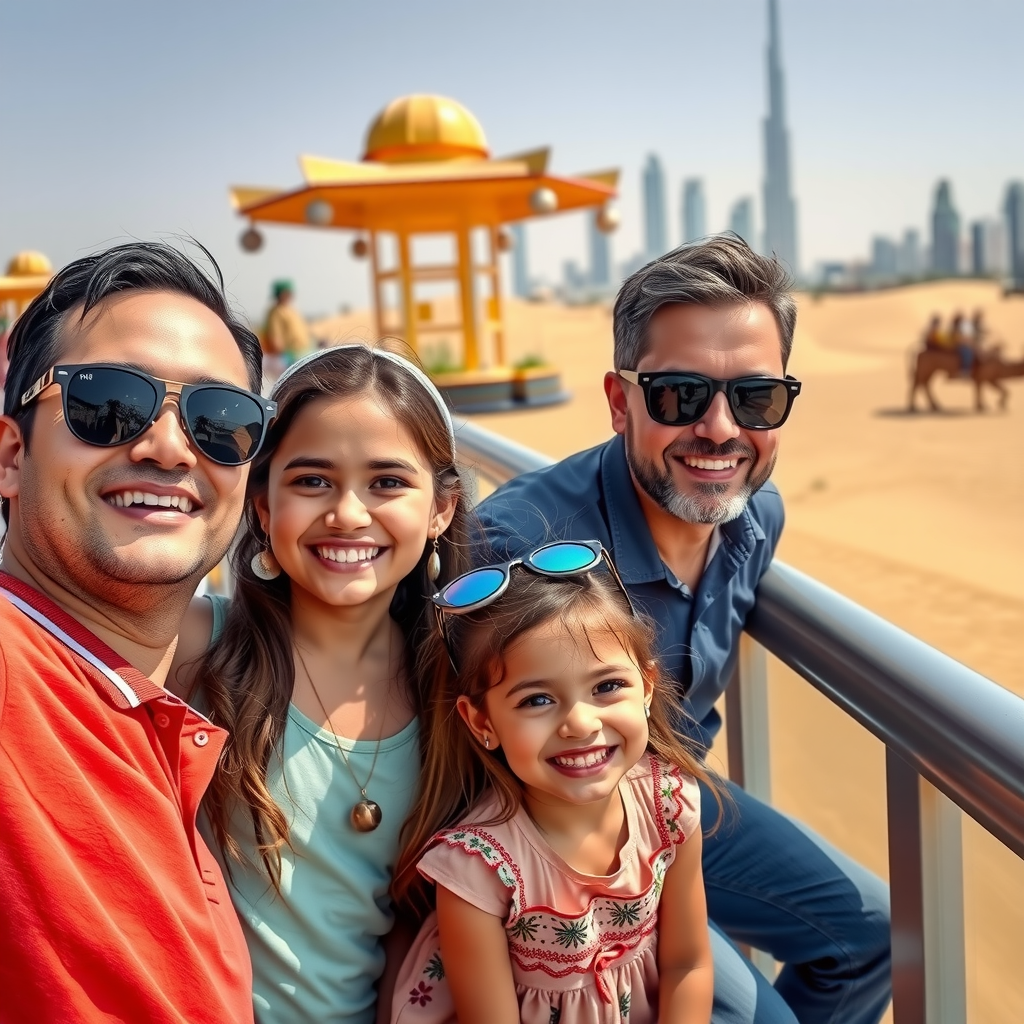 Happy family enjoying Dubai attractions with children smiling at theme park, desert safari in background, bright sunny day with iconic Dubai skyline