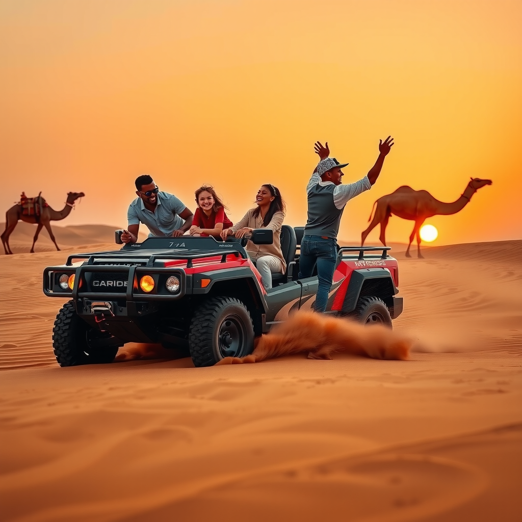 Family enjoying exciting dune bashing adventure in golden desert sands with 4x4 vehicles, camel silhouettes in background, sunset sky, children laughing