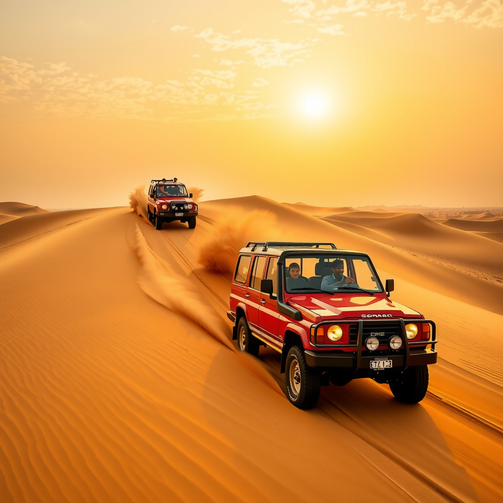 Exciting desert safari adventure in Dubai showing families enjoying dune bashing in golden sand dunes during sunset with 4x4 vehicles creating dust trails across the pristine desert landscape