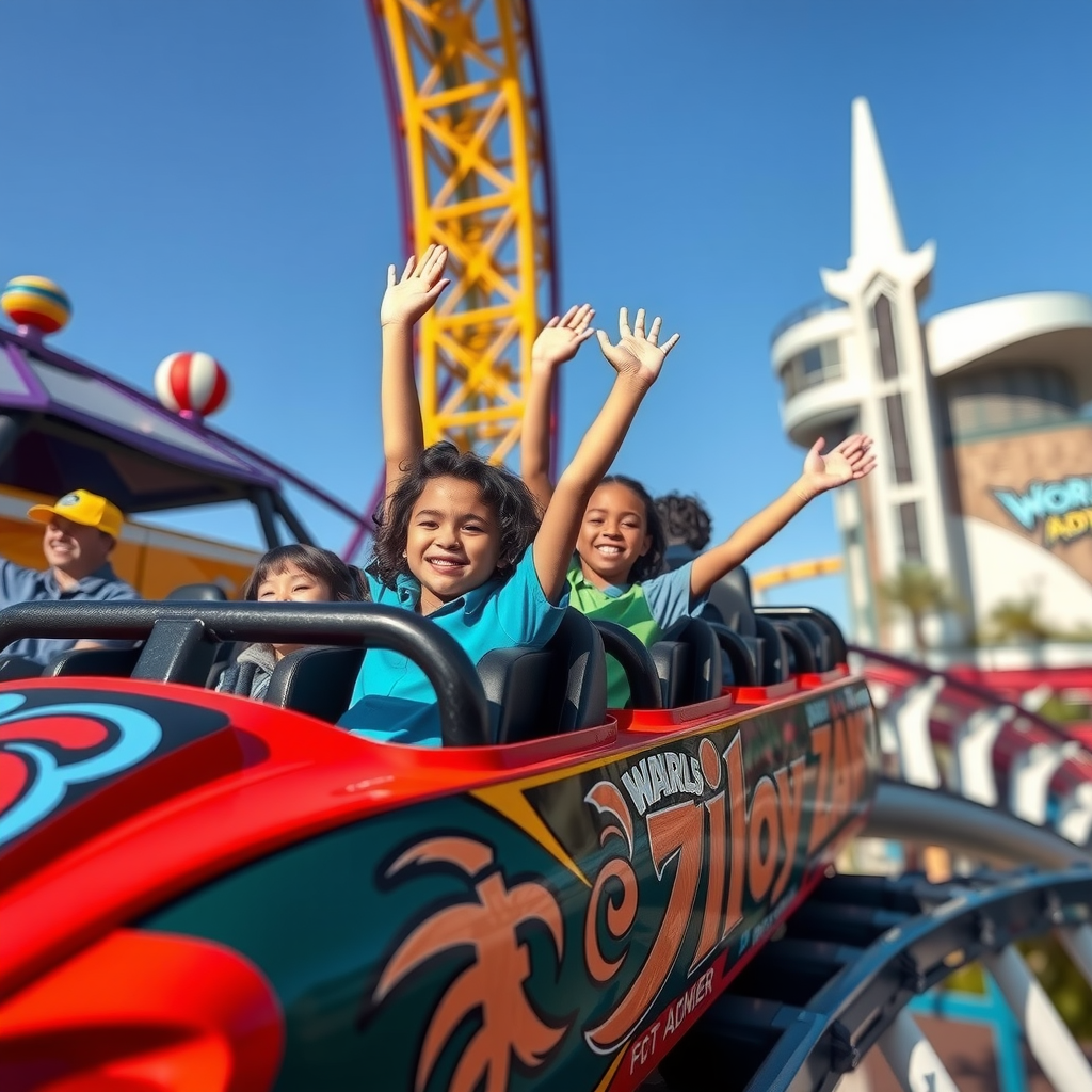 Families experiencing exciting roller coaster rides at IMG Worlds of Adventure in Dubai, featuring vibrant themed attractions, happy children with arms raised in excitement, and modern theme park architecture under clear blue skies