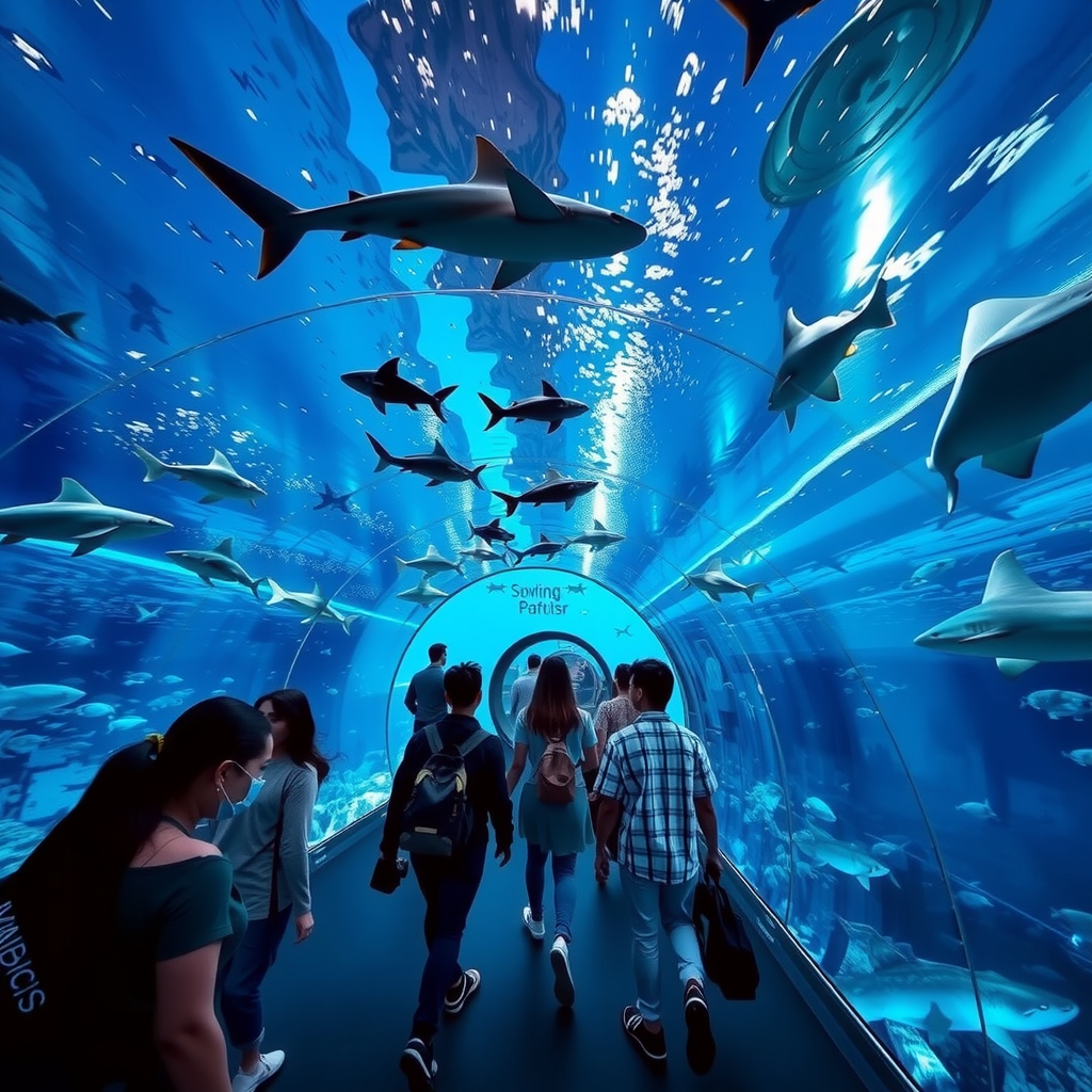 Visitors walking through a stunning underwater tunnel at Dubai Aquarium with sharks and rays swimming overhead, surrounded by blue ocean water and diverse marine life