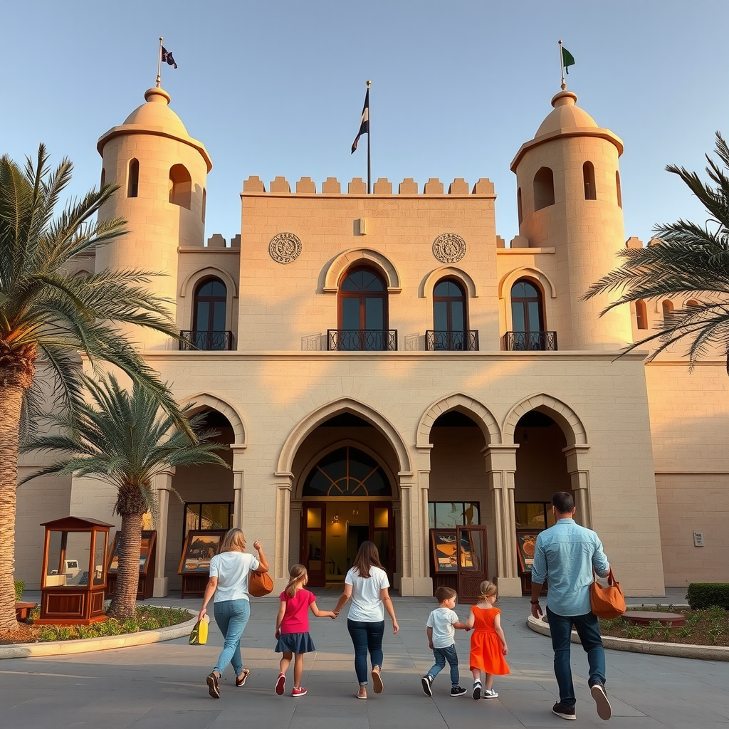 Families exploring the historic Dubai Museum exterior featuring traditional Arabian architecture with wind towers, surrounded by palm trees and cultural artifacts displays