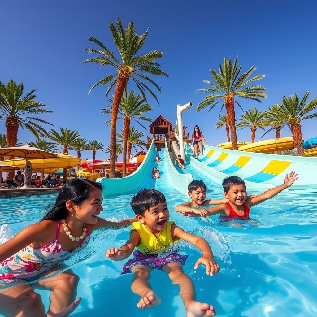 Families enjoying thrilling water slides at a Dubai waterpark with tropical palm trees, clear blue sky, and children splashing in crystal clear pools