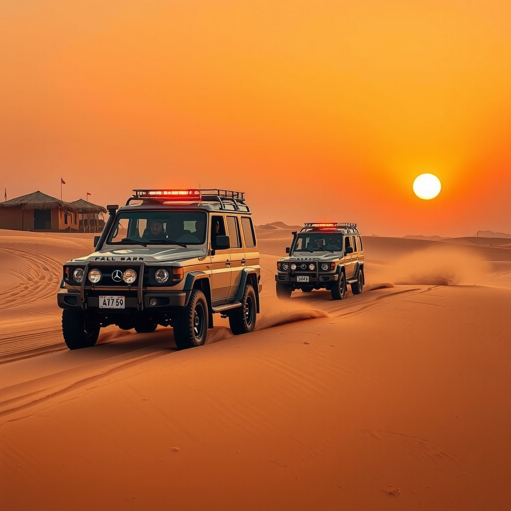Exciting desert safari adventure with 4x4 vehicles driving through golden sand dunes at sunset, traditional Bedouin camp in background