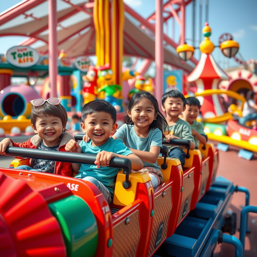 Excited children and families on colorful roller coaster at modern theme park, vibrant attractions in background, cartoon characters, joyful expressions, bright sunny day