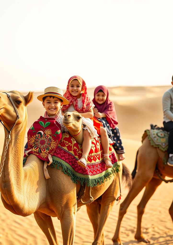 Happy family riding camels through the Dubai desert with children smiling and enjoying the traditional Arabian experience, with vast golden sand dunes stretching to the horizon in the background