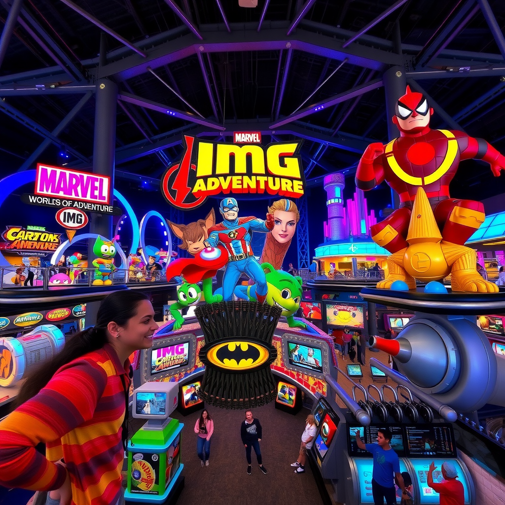 IMG Worlds of Adventure indoor theme park featuring Marvel superhero zones, Cartoon Network attractions, and futuristic rides in a climate-controlled environment