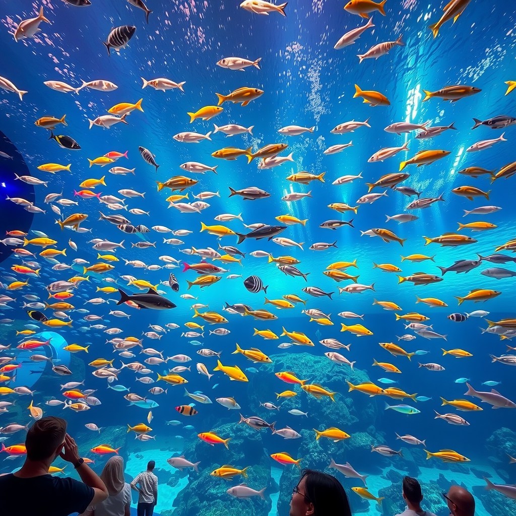 Massive aquarium tank at Dubai Aquarium filled with thousands of colorful fish, sharks, and rays swimming in crystal clear water