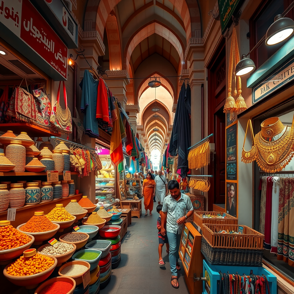 Vibrant traditional souks in Dubai showing colorful spice displays, golden jewelry, textiles, and families walking through narrow market lanes with traditional architecture overhead