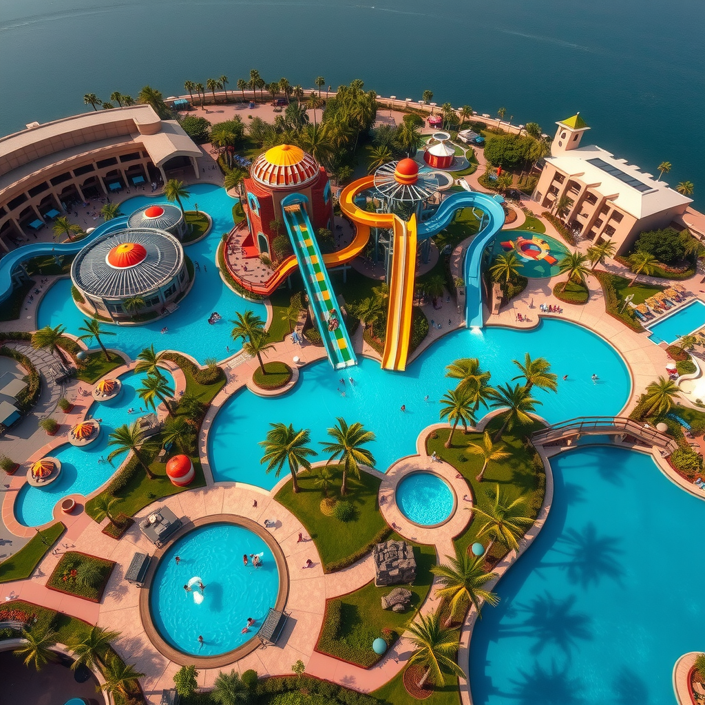 Aerial view of Aquaventure Waterpark showing massive water slides, wave pools, and tropical landscaping with families enjoying various attractions