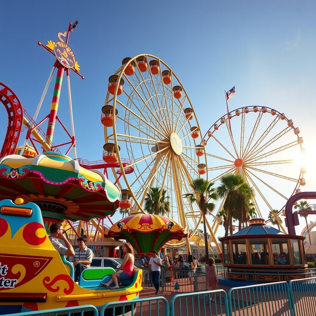 Colorful theme park with exciting roller coasters, Ferris wheel, and families enjoying rides, bright sunny day with palm trees