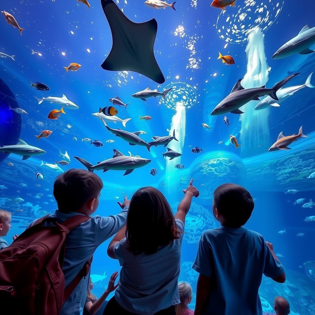 Family viewing massive aquarium tunnel with sharks, rays, and colorful tropical fish swimming overhead, children pointing excitedly, blue underwater lighting, dolphins jumping in background