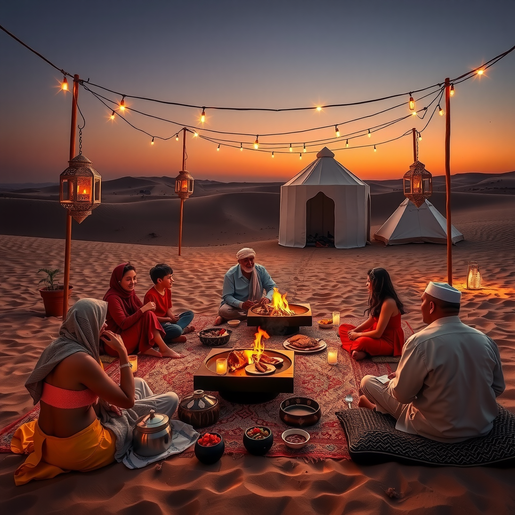Traditional Arabian BBQ dinner setup in the desert with families seated on comfortable cushions around low tables, enjoying grilled meats and mezze under decorative lanterns and string lights at sunset