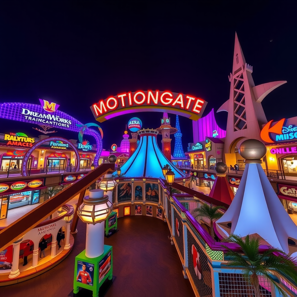 Motiongate Dubai theme park showcasing Hollywood-inspired attractions, DreamWorks Animation zones, and family-friendly entertainment areas with movie-themed rides
