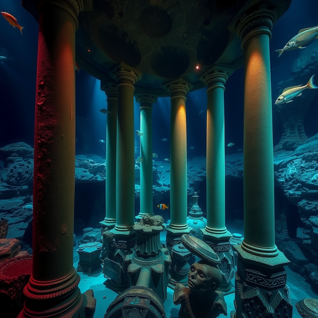 Ancient ruins themed aquarium exhibit at The Lost Chambers with mysterious underwater architecture and exotic fish swimming through columns