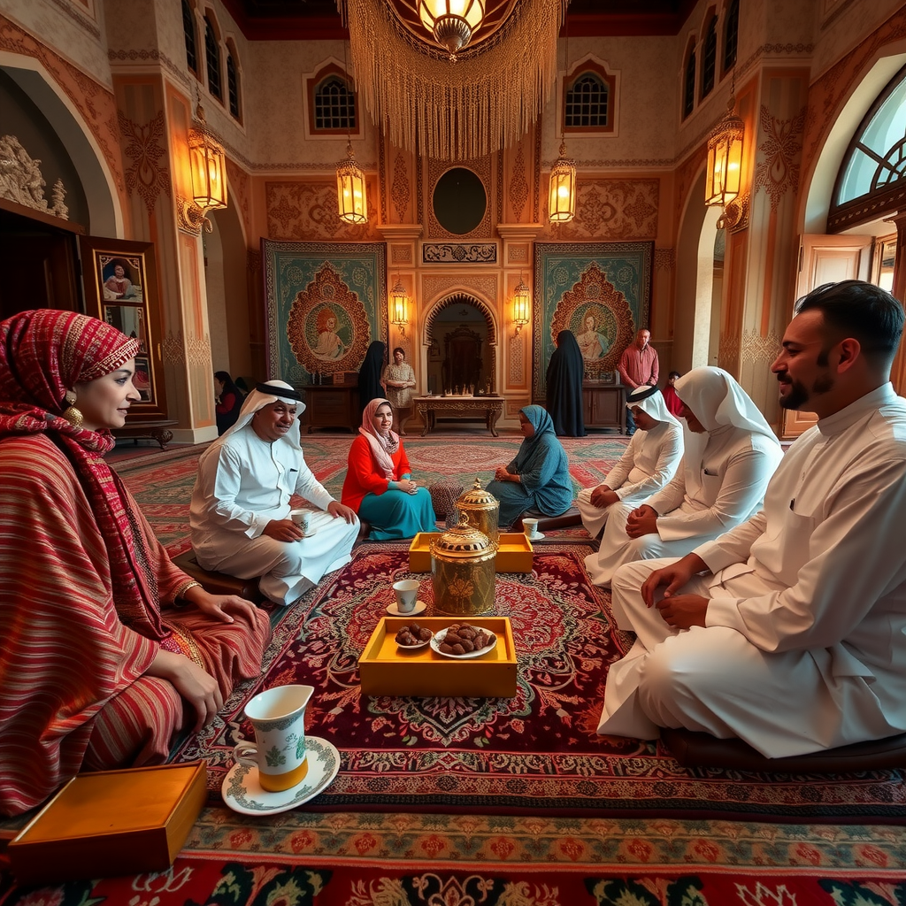 Authentic Emirati hospitality scene showing families seated on traditional cushions, being served Arabic coffee and dates in a beautifully decorated majlis with traditional carpets and lanterns