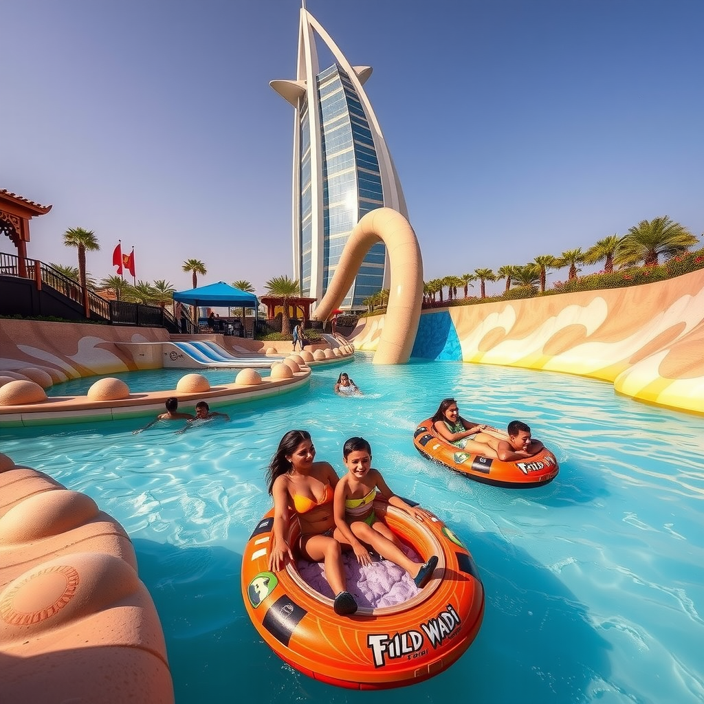 Wild Wadi Waterpark showcasing Arabian-themed water attractions with Burj Al Arab in background, families on lazy river and wave pools
