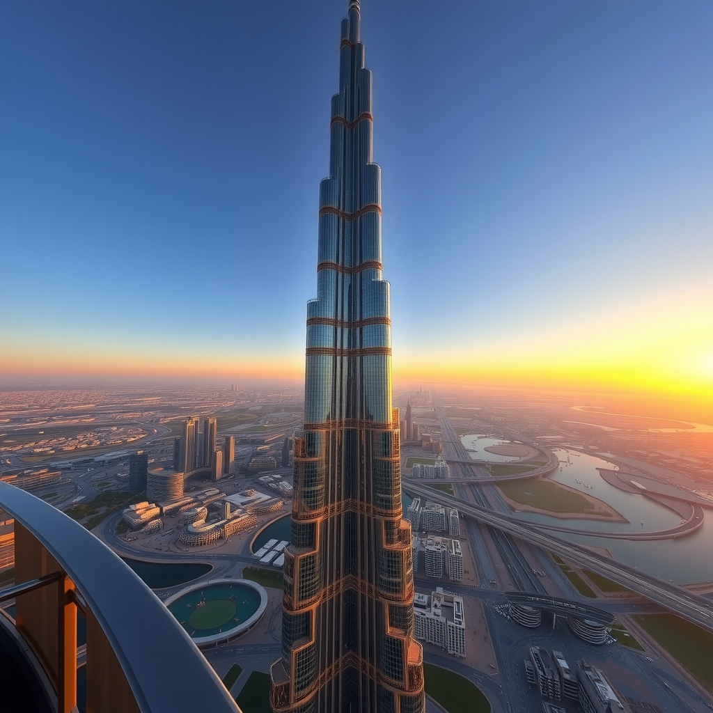 Majestic Burj Khalifa tower reaching into blue sky, observation deck with panoramic city views, modern Dubai skyline at golden hour