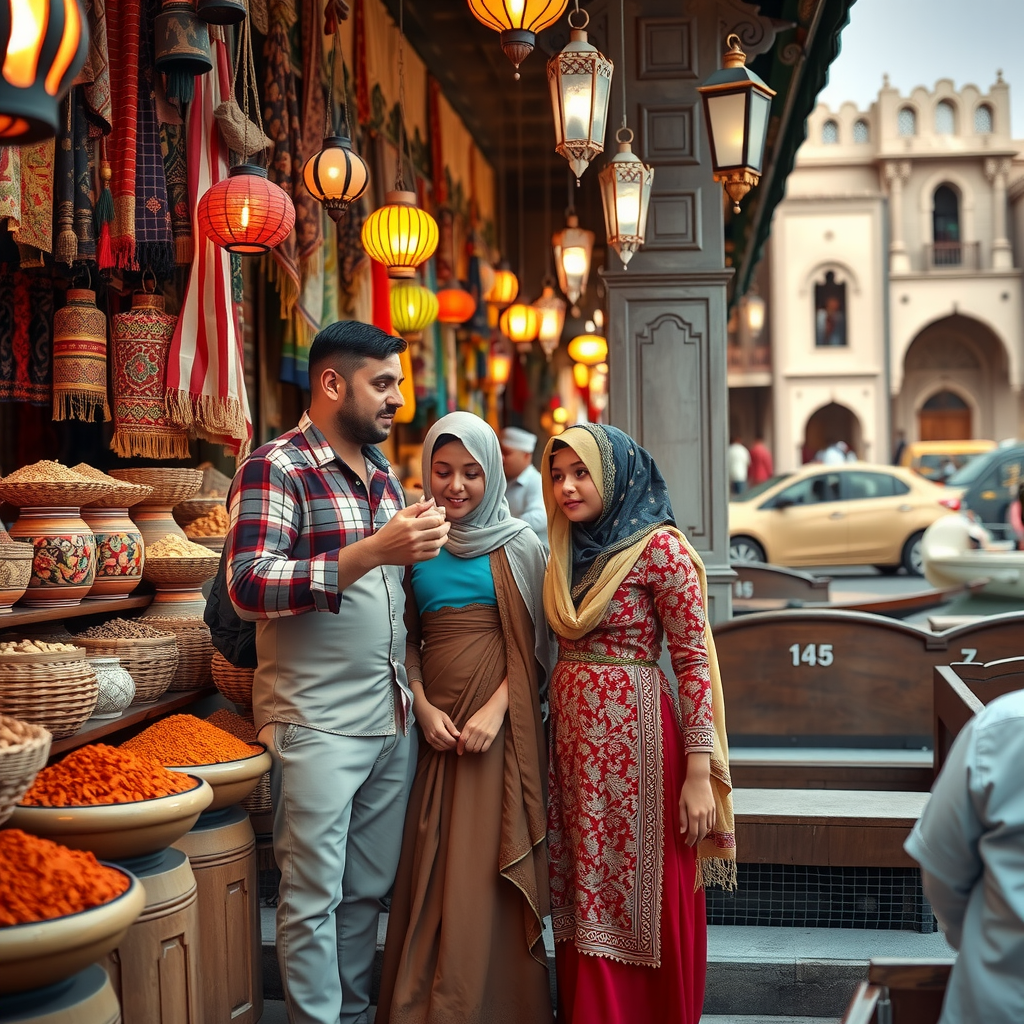 Family exploring traditional Dubai souk marketplace with colorful spices, textiles, and lanterns, children trying on traditional Emirati clothing, wooden abra boats on Dubai Creek, historic architecture