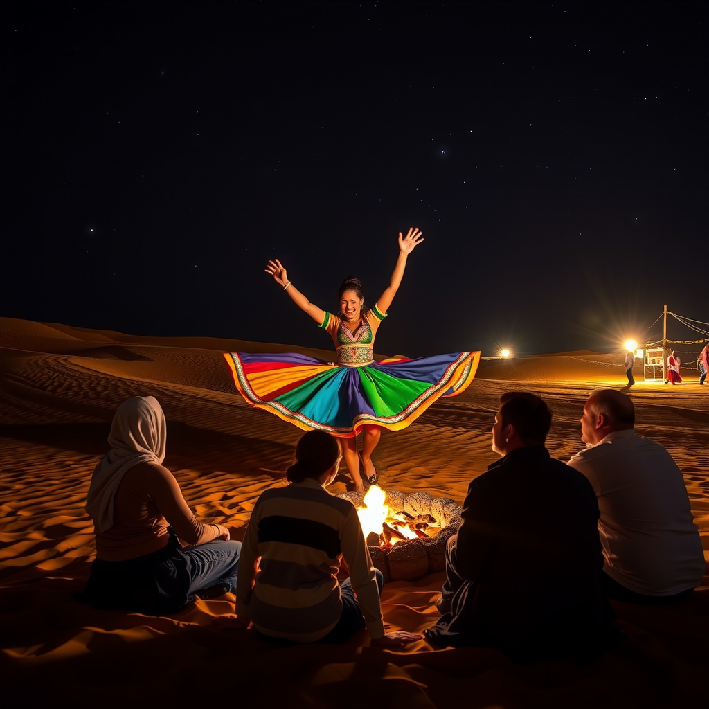 Traditional Tanoura dance performance in the desert with a performer in colorful spinning skirts entertaining families seated around a campfire under the stars, with traditional Arabic music and lighting creating a magical atmosphere