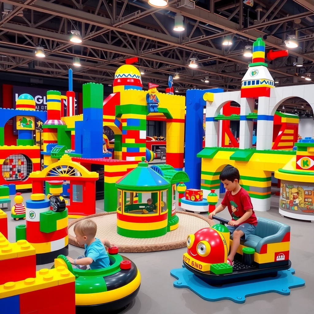 Legoland Dubai theme park with colorful LEGO brick structures, interactive building zones, and children enjoying creative play areas and gentle rides