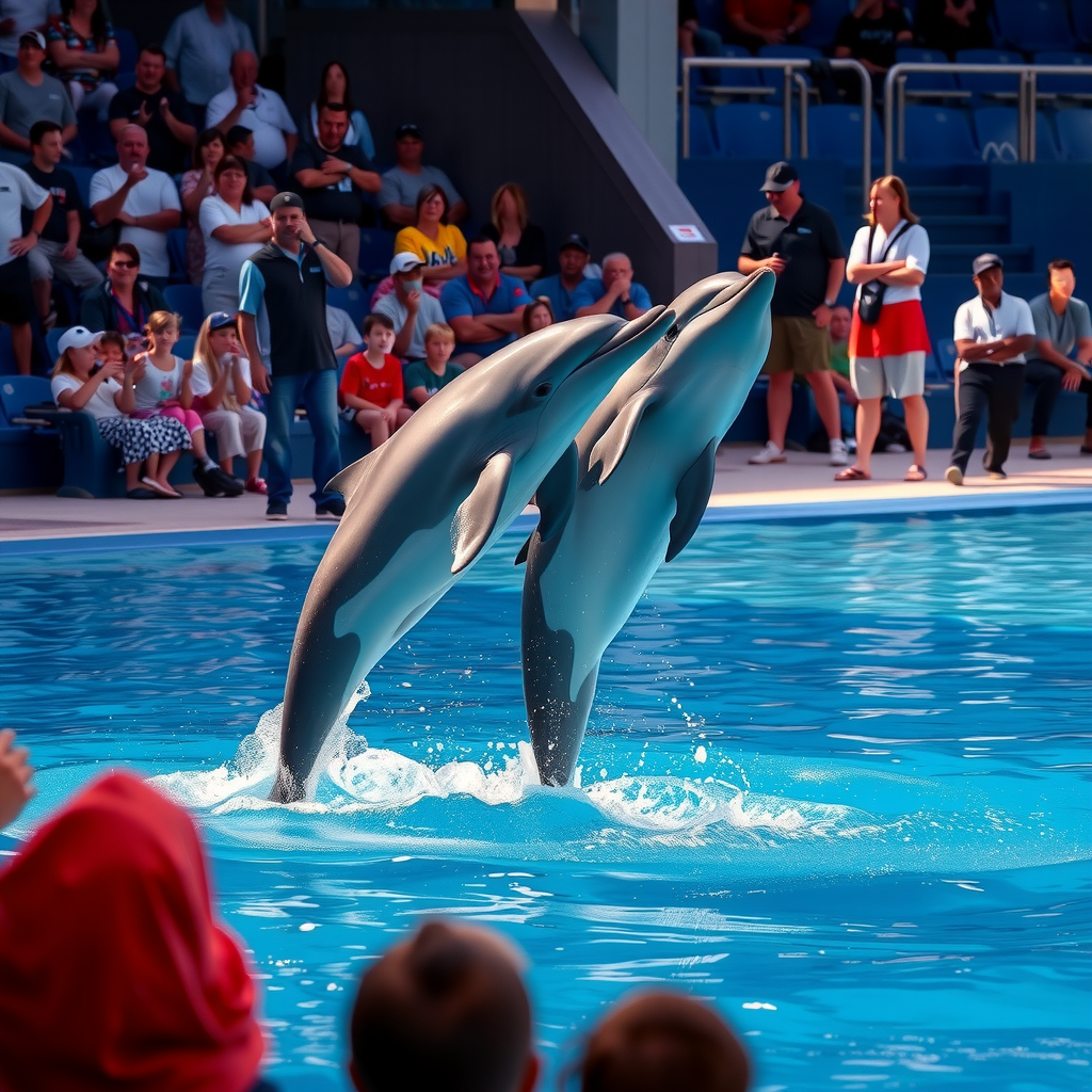 Playful dolphins jumping high out of the water during an entertaining show at Dubai Dolphinarium with excited audience watching