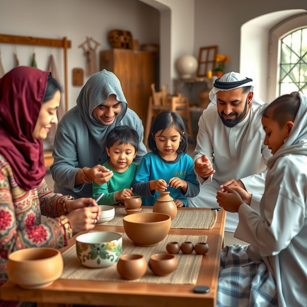 Families participating in traditional Emirati crafts workshop, children and parents working together on pottery, weaving, and calligraphy with local artisans guiding them in a bright, welcoming studio space