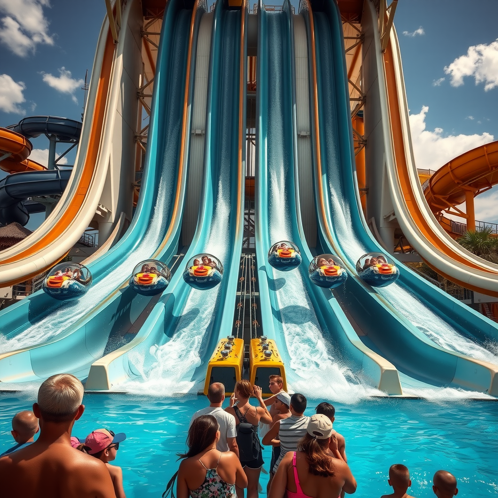 Dramatic view of towering water slides with families racing down transparent tubes, splash pools below, and excited visitors waiting in line