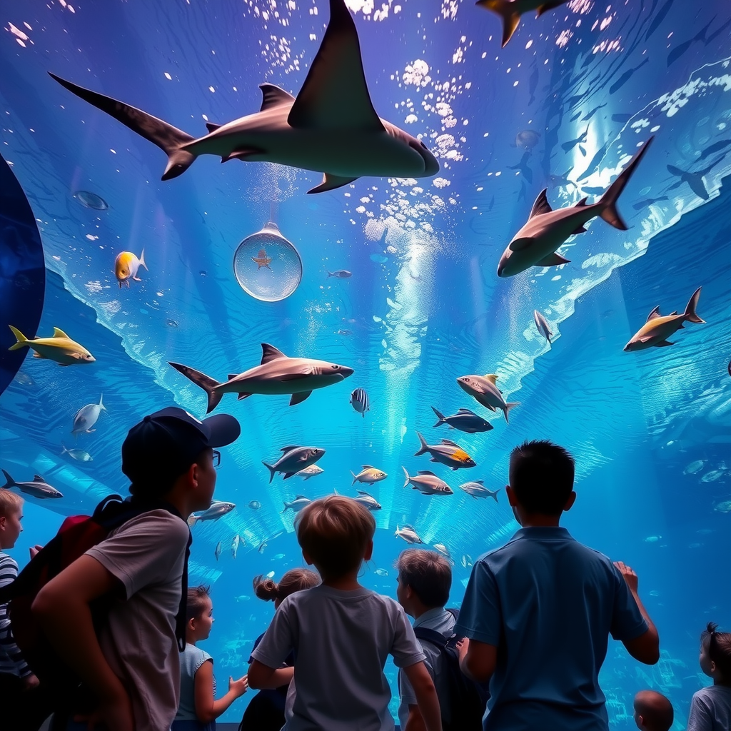 Stunning underwater aquarium tunnel with sharks, rays, and colorful fish swimming overhead, families watching in amazement