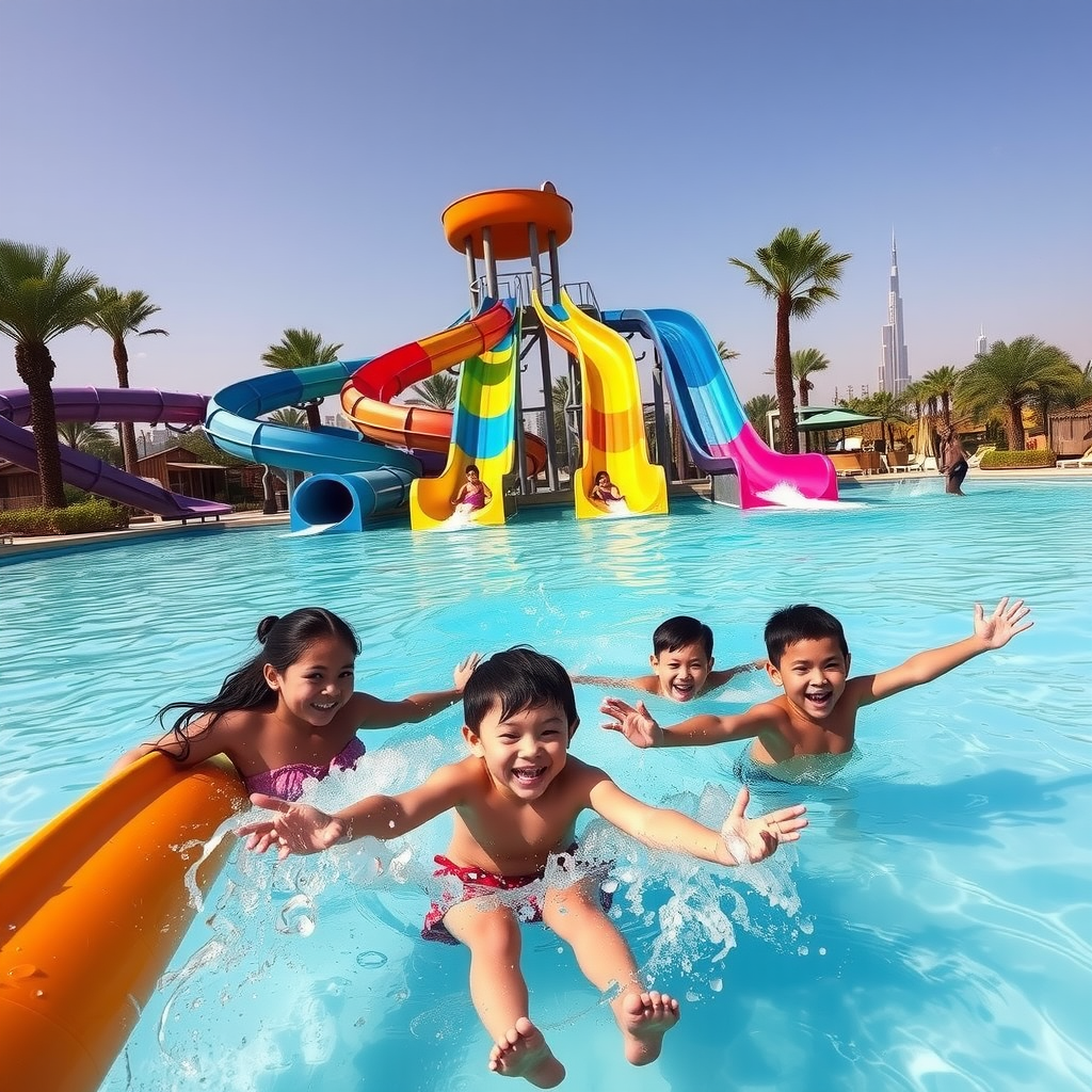 Happy family splashing down colorful water slides at modern water park, children playing in wave pool, palm trees, beach cabanas, turquoise water, sunny Dubai skyline in distance