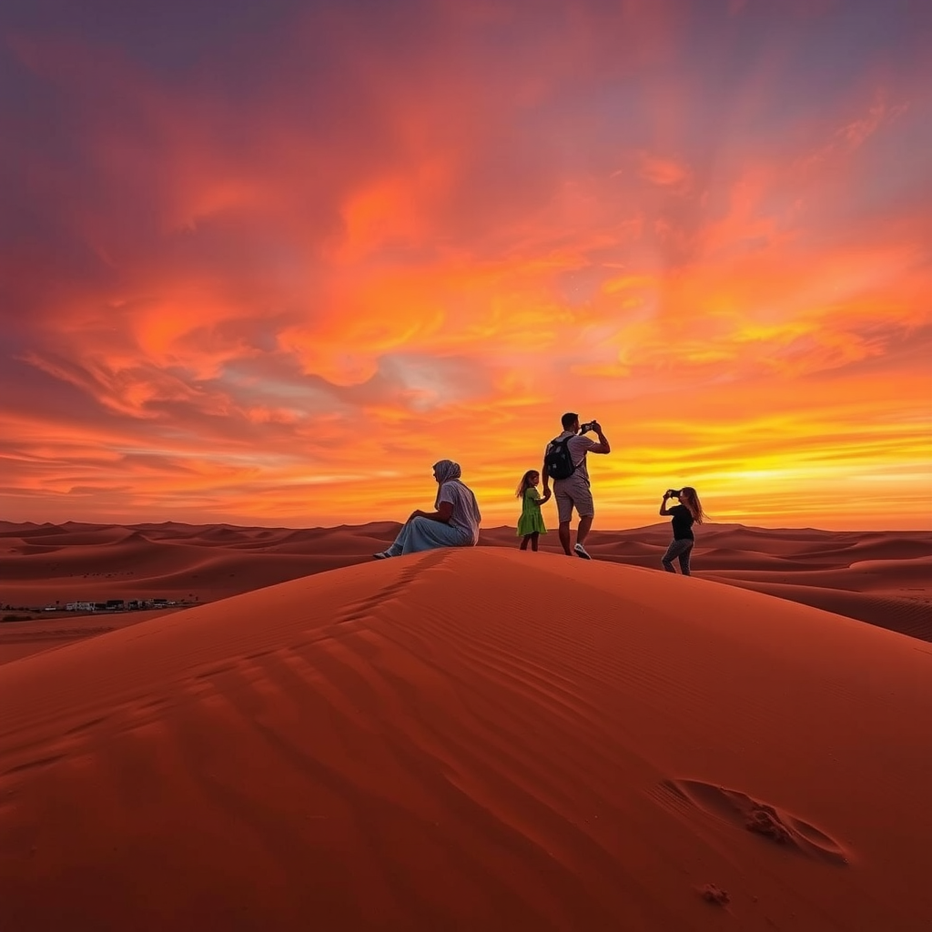 Breathtaking desert sunset view with golden sand dunes illuminated by warm orange and pink light, families silhouetted against the sky enjoying the peaceful moment, creating perfect photo opportunities in Dubai's pristine desert landscape
