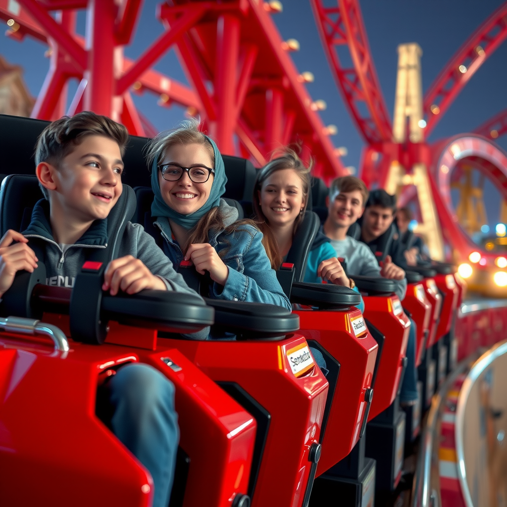 Teenagers and adults experiencing high-speed roller coasters and extreme thrill rides with loops and drops at Dubai theme parks