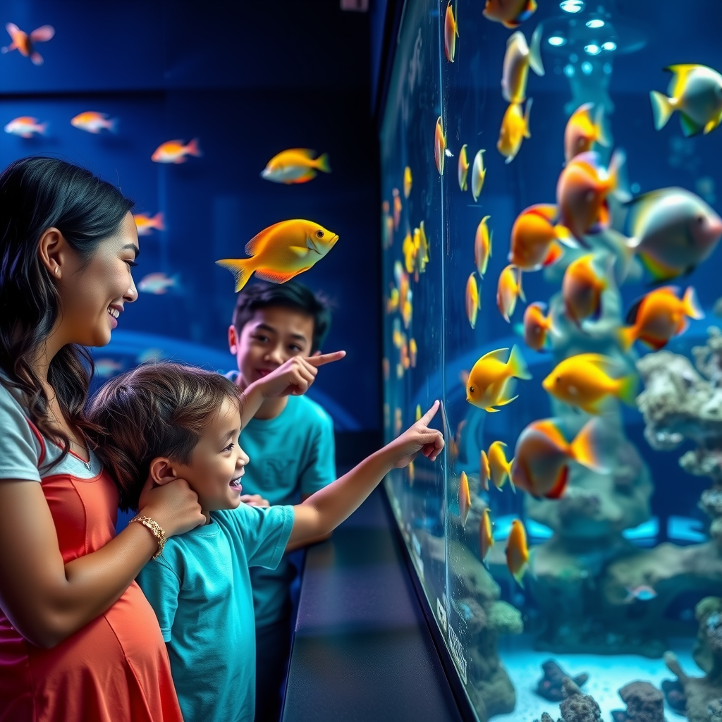Happy children with their parents looking at colorful tropical fish in a large aquarium tank, pointing excitedly at sea creatures while learning about marine biology