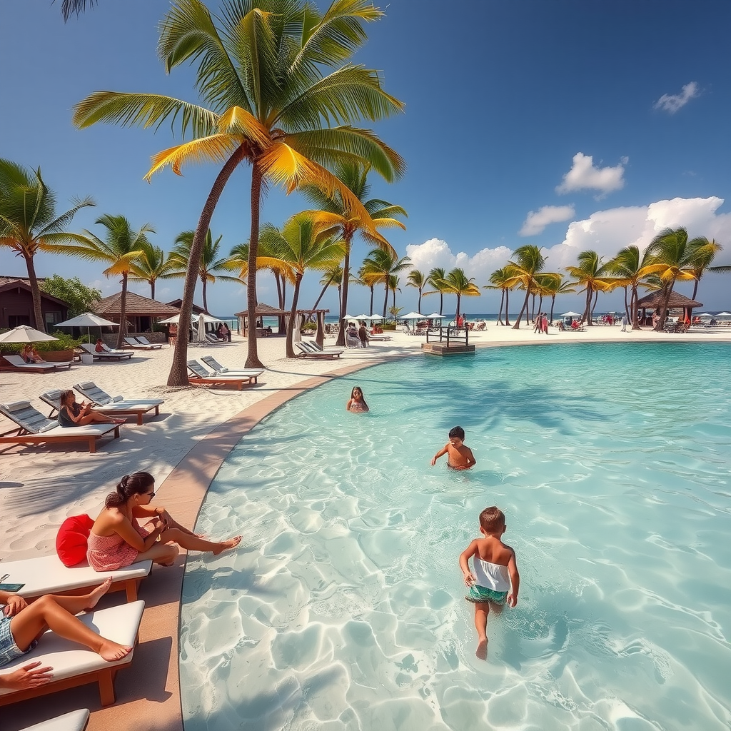 Upscale beach club showing families relaxing on sun loungers under palm trees, children playing in shallow turquoise waters, and beachside dining areas