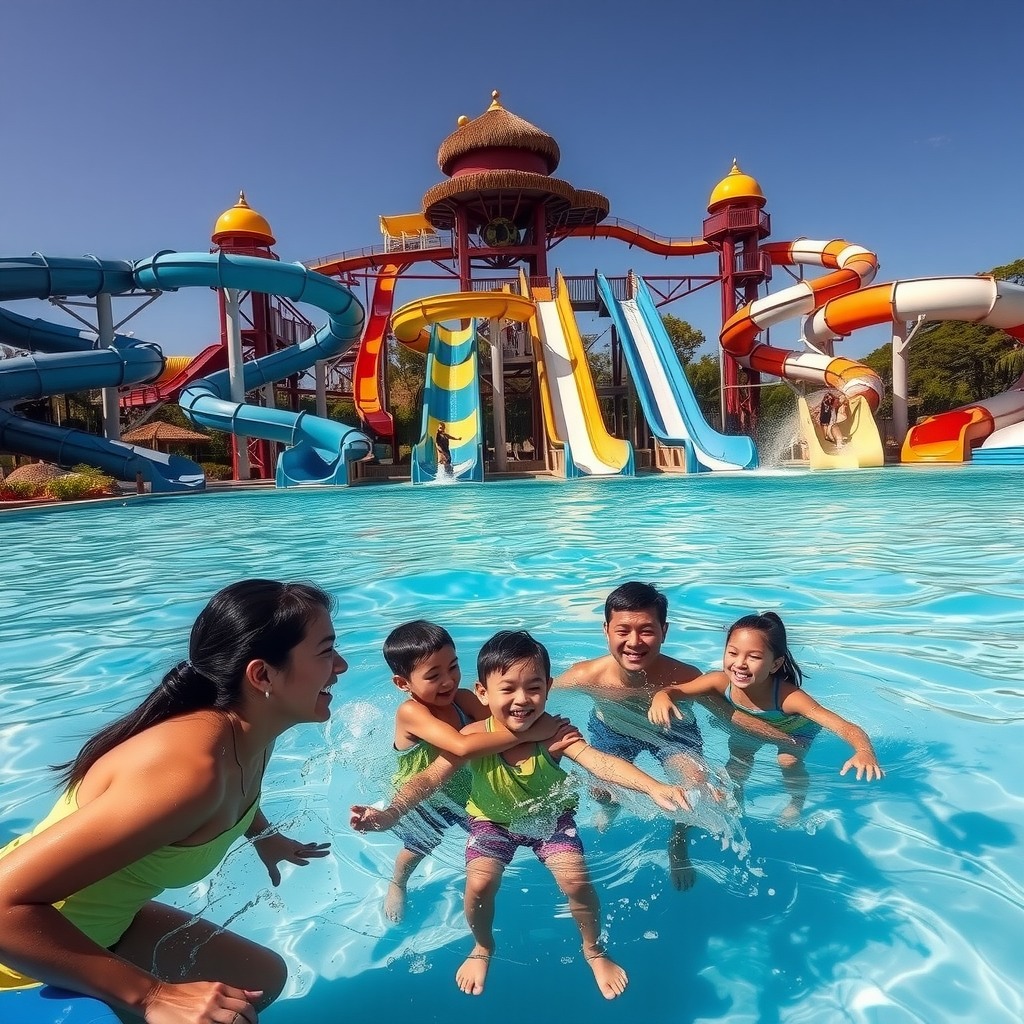 Exciting water park with massive slides, wave pools, and splash zones, families having fun in crystal clear water