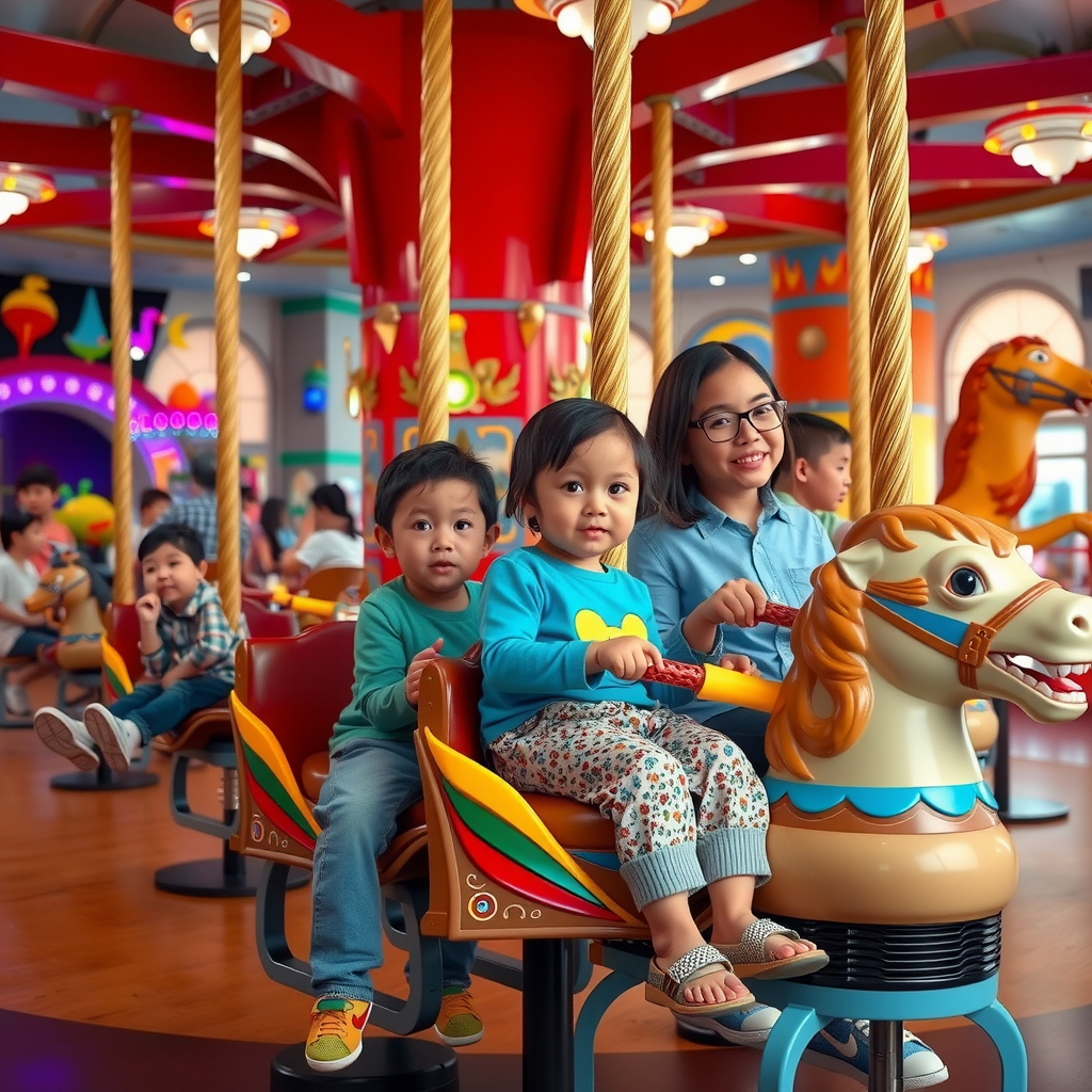 Families with young children enjoying gentle carousel rides, interactive play zones, and character-themed attractions in colorful theme park settings
