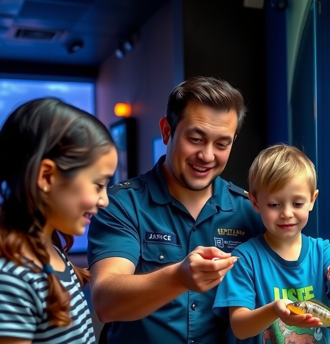 Family participating in an interactive feeding session at an aquarium, children carefully feeding fish under supervision of a marine expert wearing uniform
