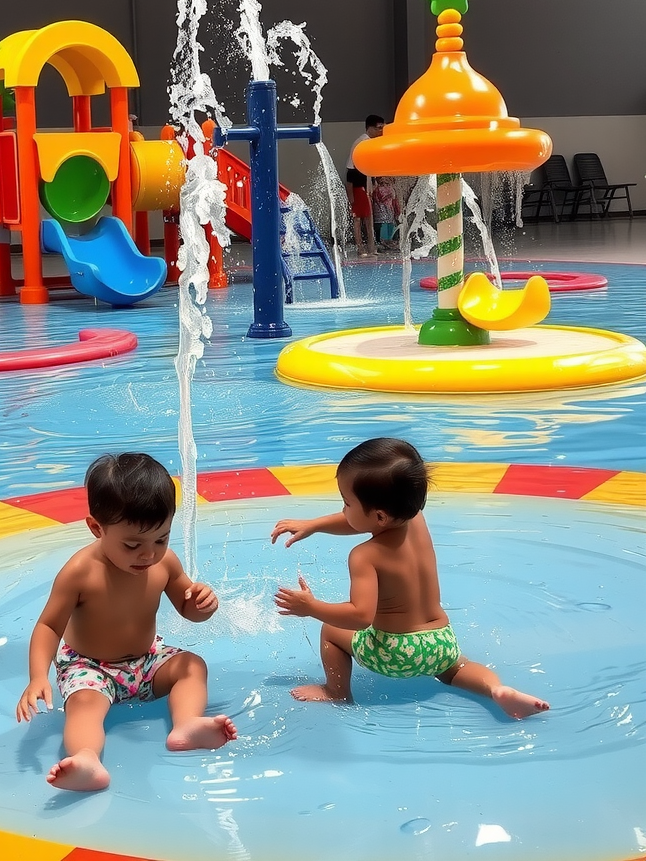 Colorful children's water play area with small slides, splash pads, water fountains, and toddlers playing under supervision with parents watching nearby