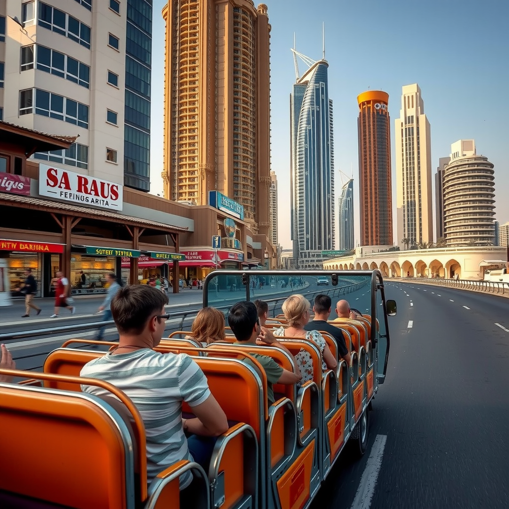 Guided city tour bus passing by Dubai Marina, traditional souks, and modern architecture, tourists enjoying sightseeing