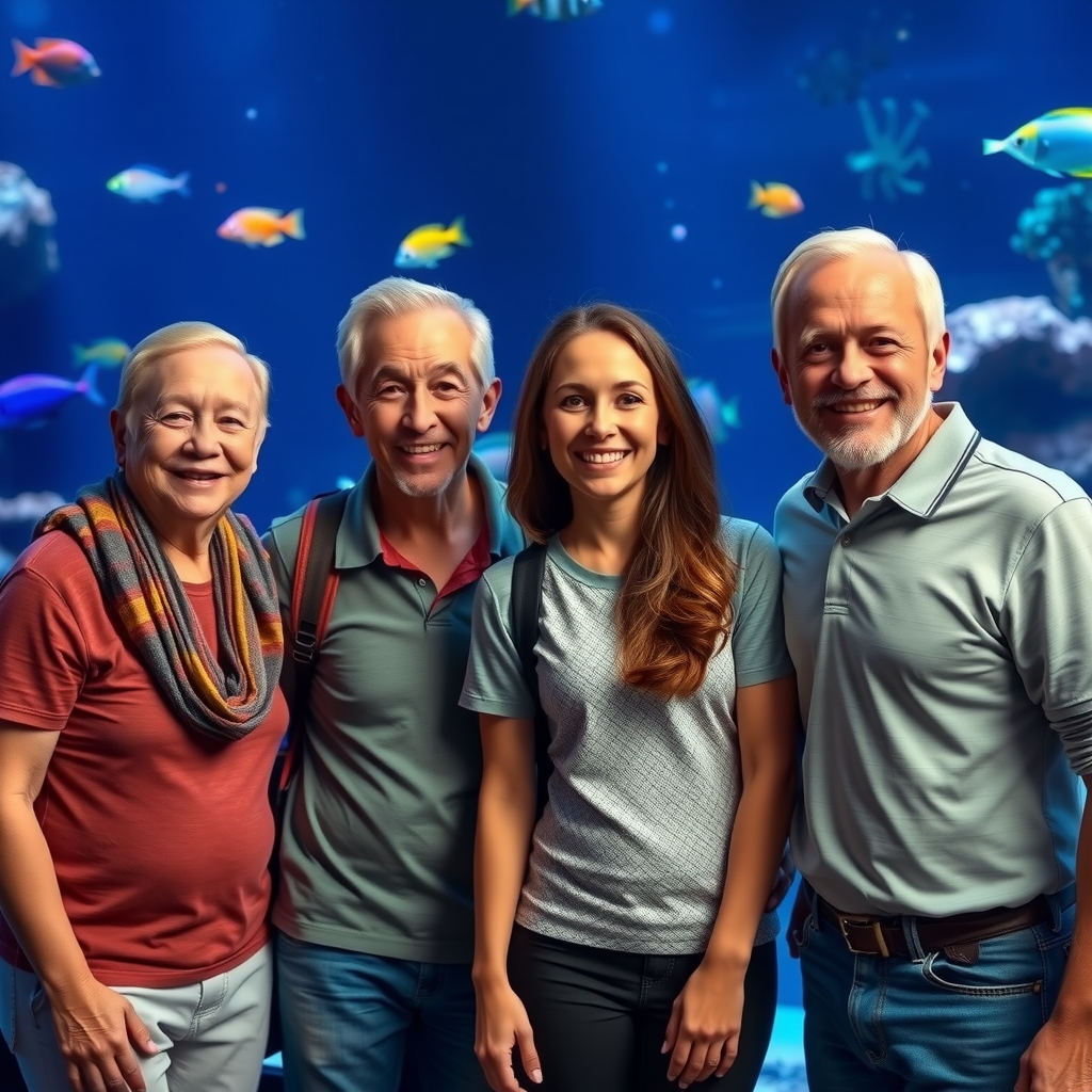 Happy family of four smiling and enjoying their marine life tour, standing in front of a large aquarium tank with colorful fish and coral reefs visible behind them