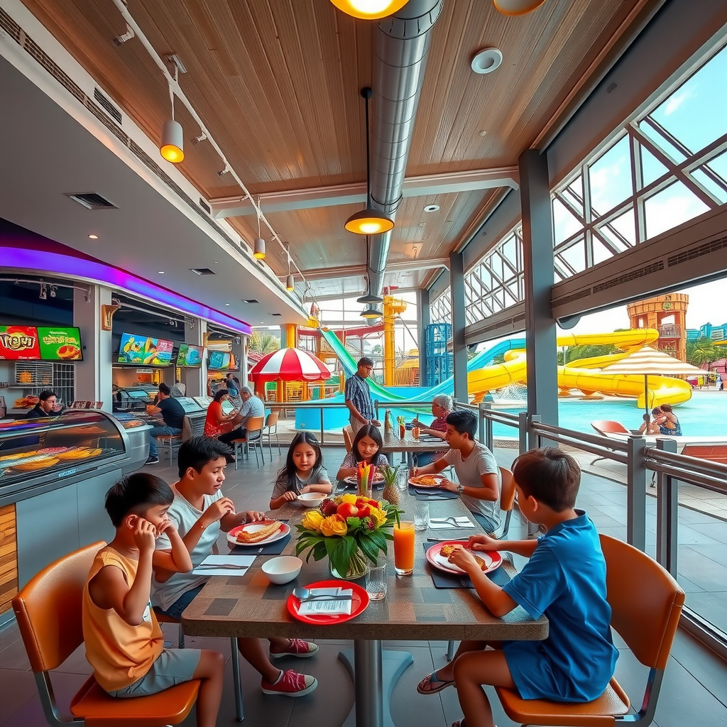 Bright, modern waterpark restaurant with families enjoying meals at outdoor tables, colorful food displays, and views of water attractions in background