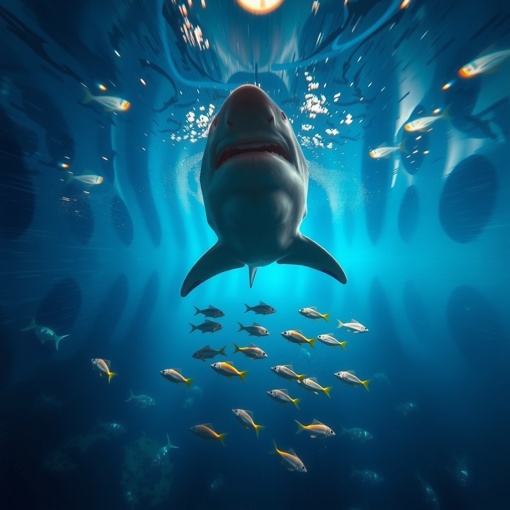 Impressive view from underwater tunnel showing a large shark swimming directly overhead with smaller fish around it, creating an immersive ocean experience